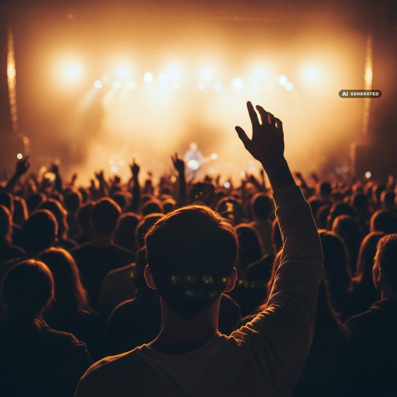 A person enjoying a live concert with warm stage lights glowing in the background.