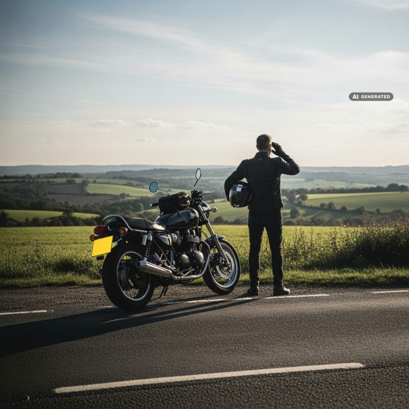 Motorcyclist pausing beside a parked bike on a quiet country road, helmet under one arm, hand near the ear