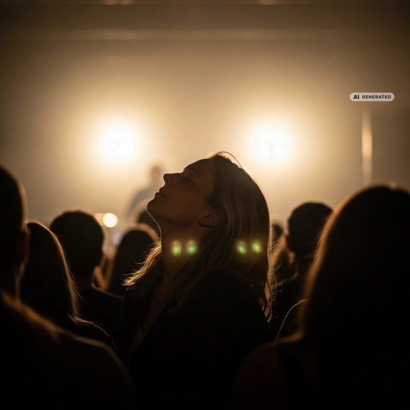 A concert-goer standing in a crowd at a live gig, eyes closed and absorbed in the music, with warm stage lighting behind the audience