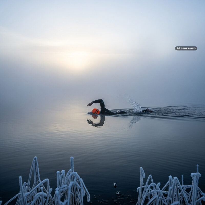Lone open-water swimmer in a wetsuit and orange cap swimming front crawl across a cold misty lake at dawn with frost on the reeds
