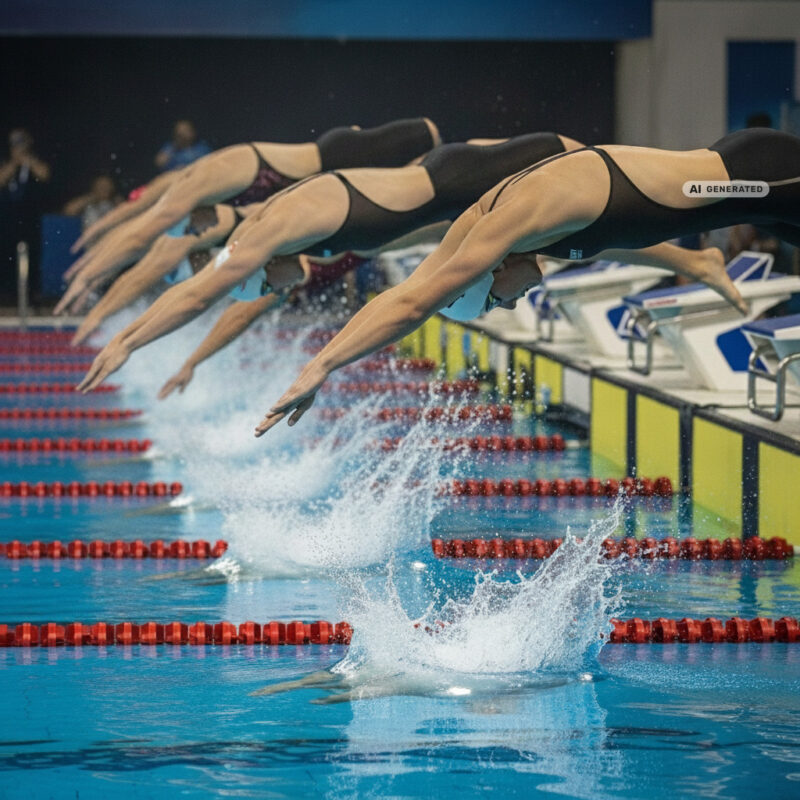 Competitive swimmers diving off starting blocks into an indoor pool with dramatic splashes