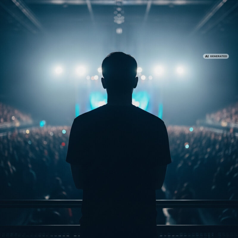Person seen from behind standing alone at the back railing of a concert venue watching the distant blurred stage