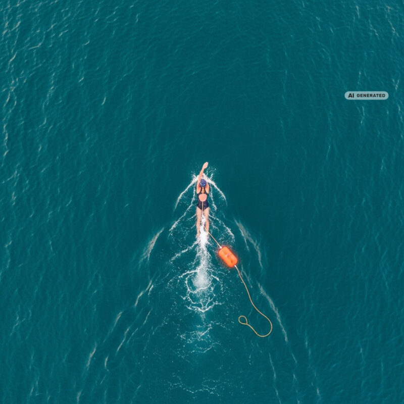 Aerial top-down view of a lone open-water swimmer with a bright orange tow buoy in deep teal sea
