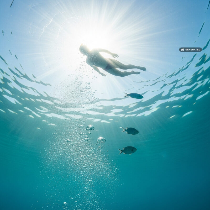 Underwater view of a snorkeler silhouette at the sunlit surface of turquoise tropical water with sun rays and small fish