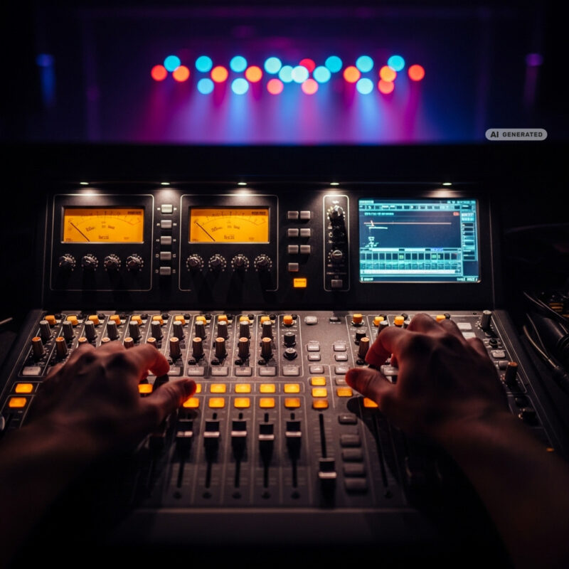 Hands adjusting faders on a professional mixing console in a dark live venue with glowing meters