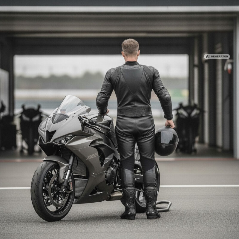 Motorcyclist in leathers holding a full-face helmet in a circuit paddock before a track day session