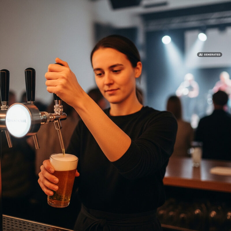 Venue bar worker serving drinks in front of a lit stage while a band performs to a crowd