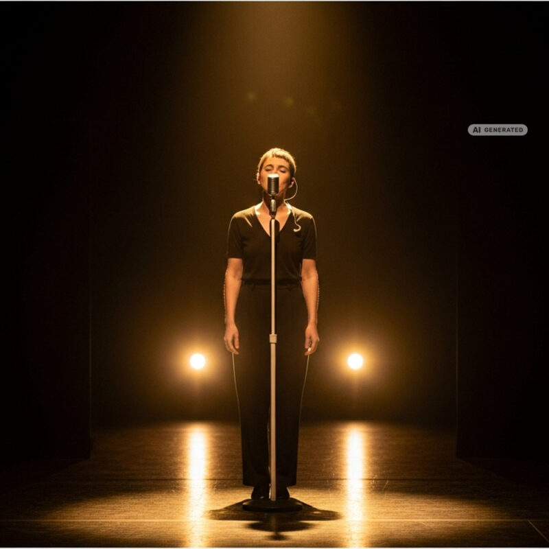 Vocalist singing at a vintage microphone alone on a dark stage under warm spotlights