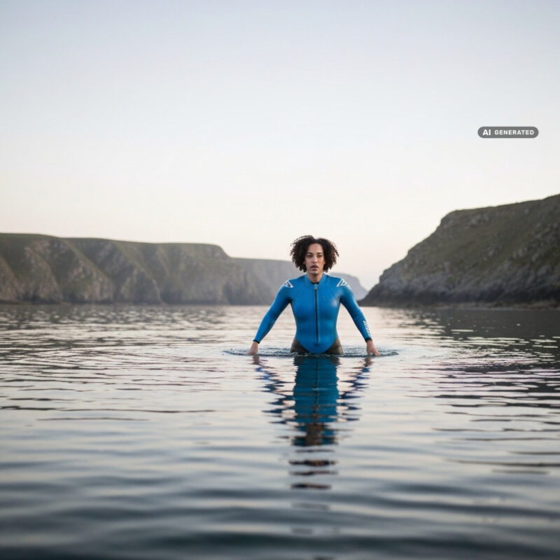 Wild swimmer standing in calm coastal water at dawn wearing a wetsuit, rugged British coastline in the background