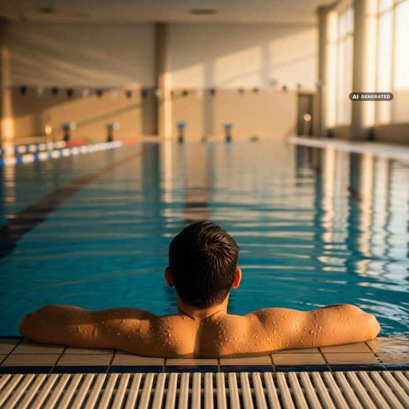 Adult swimmer seen from behind resting at the pool edge facing the far end of an indoor pool in warm evening light