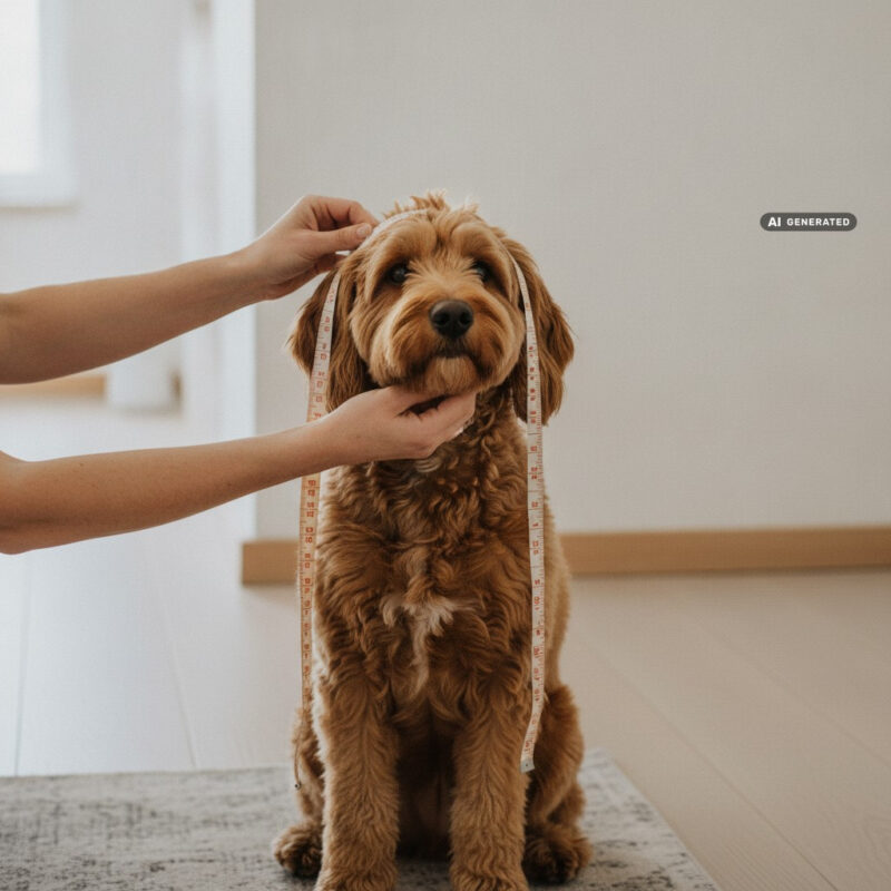 Owner's hands measuring a calm dog's head with a soft tape measure in a bright hallway