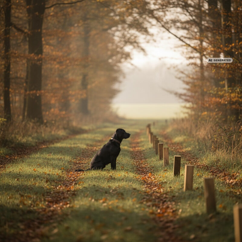 Black Labrador retriever sitting on a grassy woodland ride on an autumn shoot day, with wooden peg markers out of focus behind it