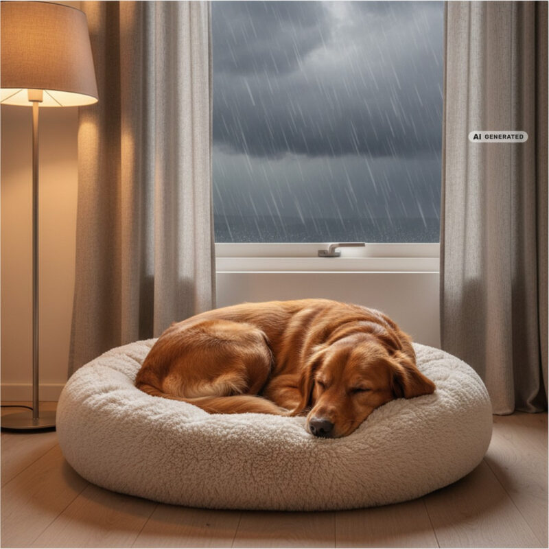 Dog curled up asleep in the centre of a soft round bed in a lamp-lit room while rain streaks the window during a thunderstorm