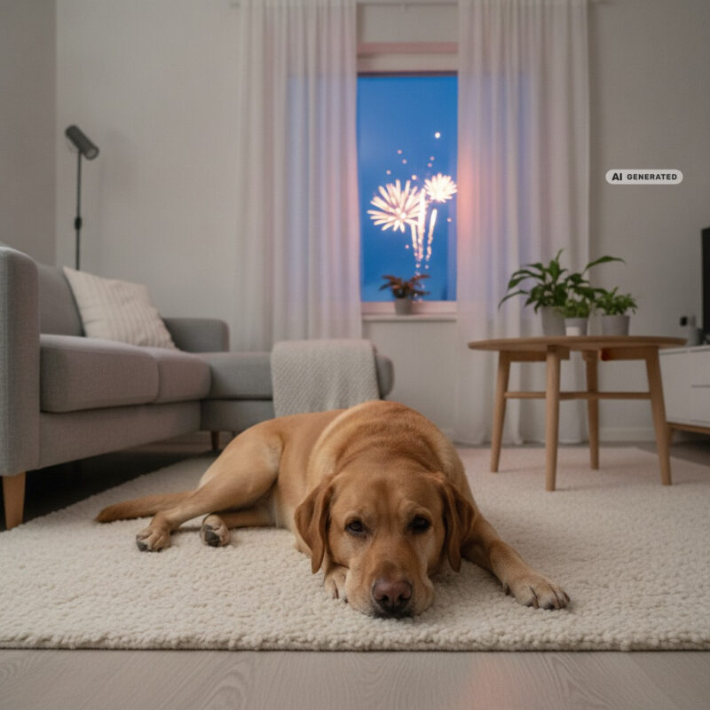 Dog lying on a rug in a living room at dusk with a faint glow of distant fireworks visible through the window