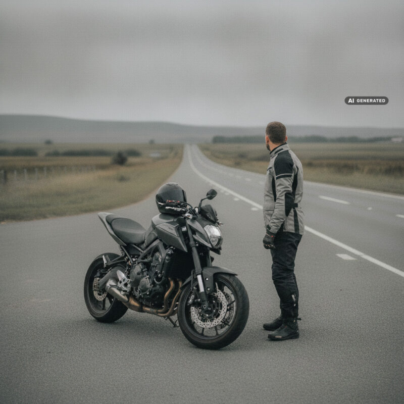 Motorcyclist standing beside a parked road bike in a lay-by, helmet on the tank, looking down an open UK A-road