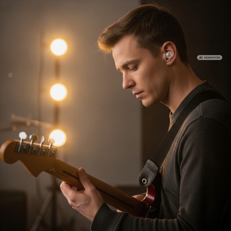 A guitarist on a rehearsal stage wearing a small discreet earplug, with soft warm stage lighting in the background.