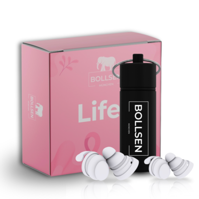 BOLLSEN Life plus Pink Edition earplugs with pink retail box and black aluminium case