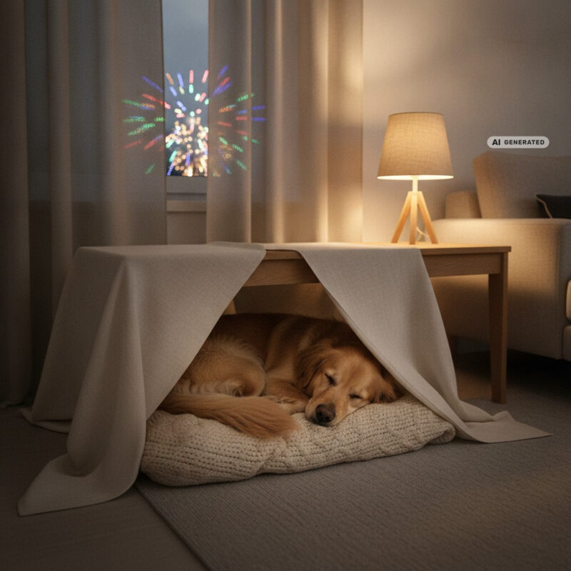 Dog resting on a blanket in a den under a side table in a living room at dusk, curtains drawn and a lamp glowing