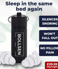 BOLLSEN Life+ sleep earplugs with black carry case and headline “Sleep in the same bed again”, highlighting blocks snoring, stays in all night, and side-sleeper comfort.