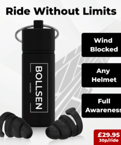 BOLLSEN Moto+ reusable motorcycle earplugs with black aluminum carry case and aerodynamic filter design for wind and engine noise protection. highlighting wind noise reduction, helmet compatibility, and full awareness, with pricing £29.95.