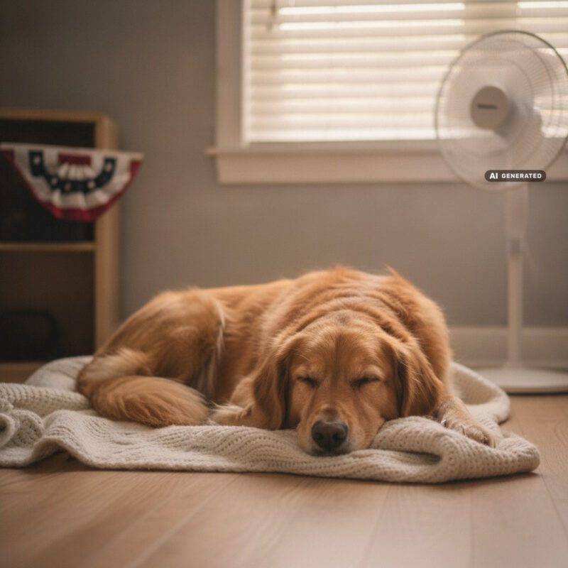 Dog resting on a blanket in a quiet, blind-darkened room on a summer evening, with a fan and festive bunting in the background