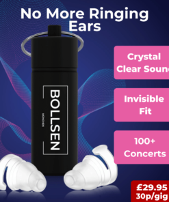 Black container with "BOLL SEN" label and white earplugs on a blue background.