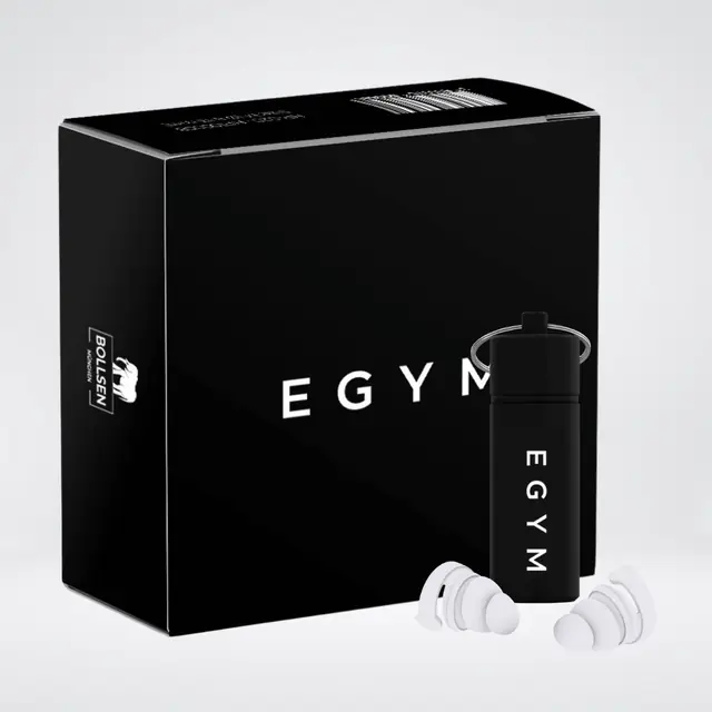 EGYM branded black earplug box and case