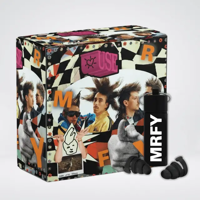 Red MRFY branded earplug box with black case