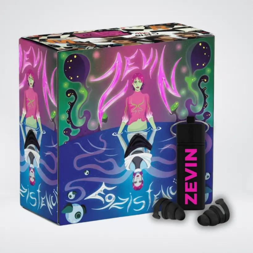 Custom illustrated earplug box and pink branded case for Zevin