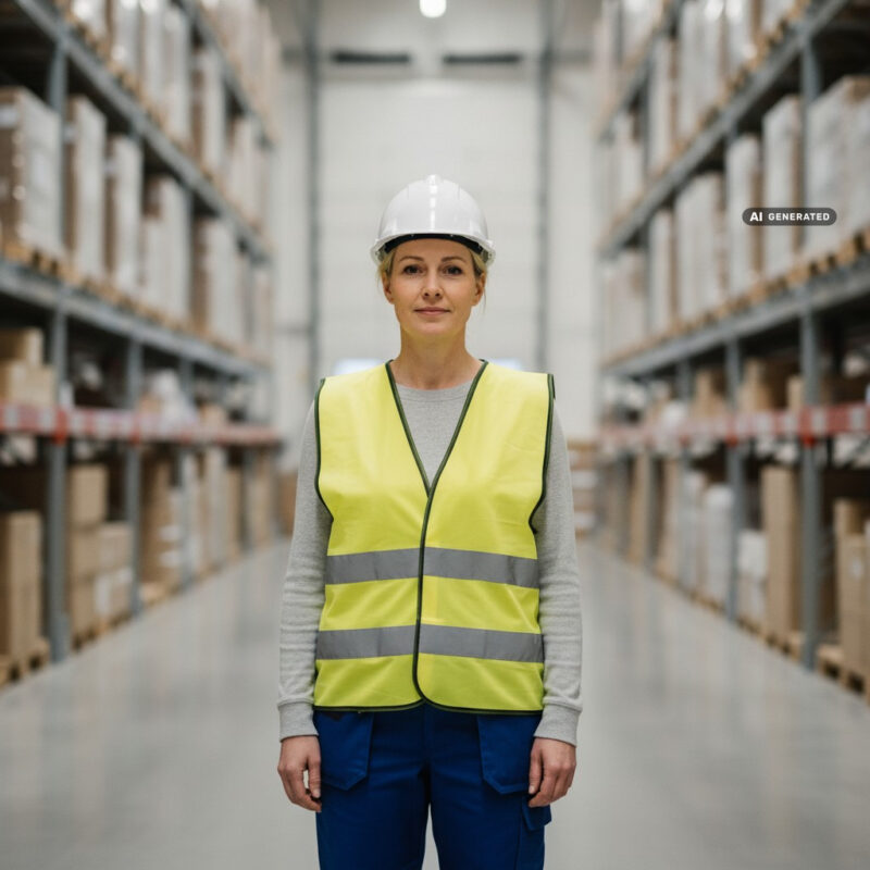 Warehouse worker in a white hard hat and yellow high-visibility vest standing in a bright modern warehouse with racking behind her