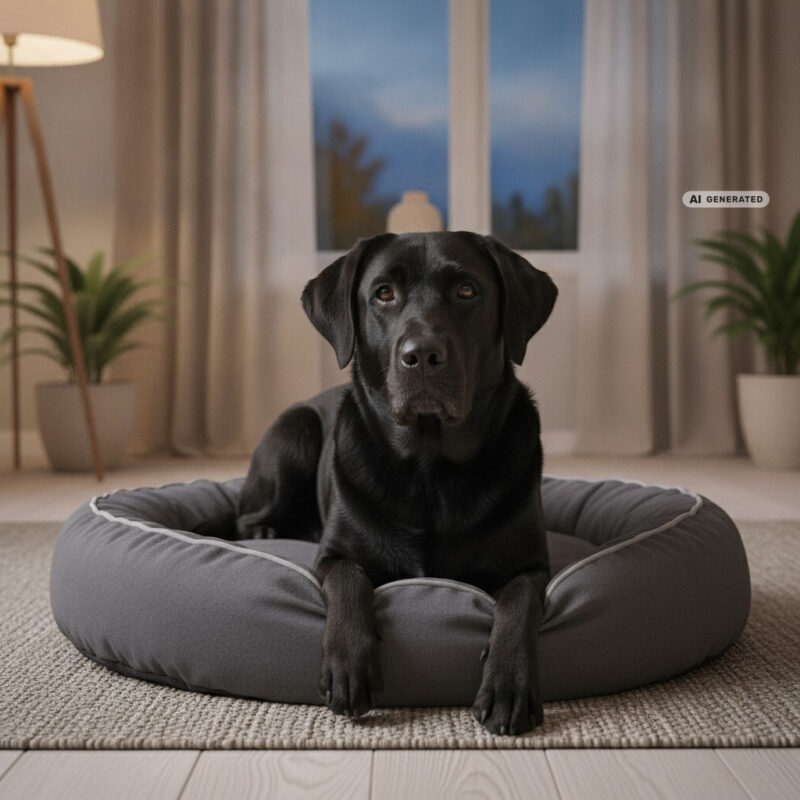 A black Labrador resting on a grey dog bed in a softly lit living room on an autumn evening