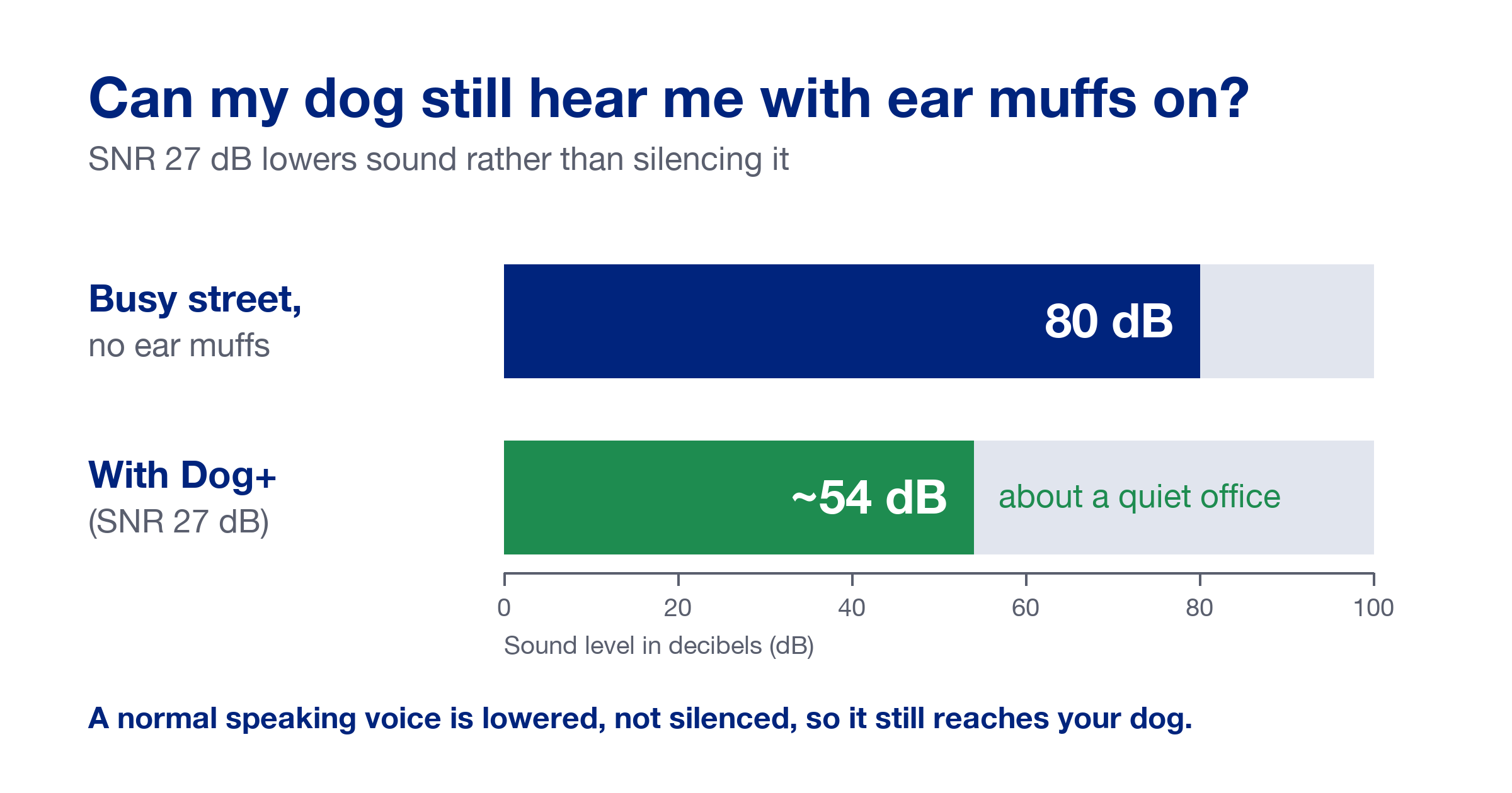 Bar chart showing a busy street at 80 dB lowered to about 54 dB with Dog+ ear muffs rated SNR 27 dB, about a quiet office, so a normal speaking voice still reaches the dog