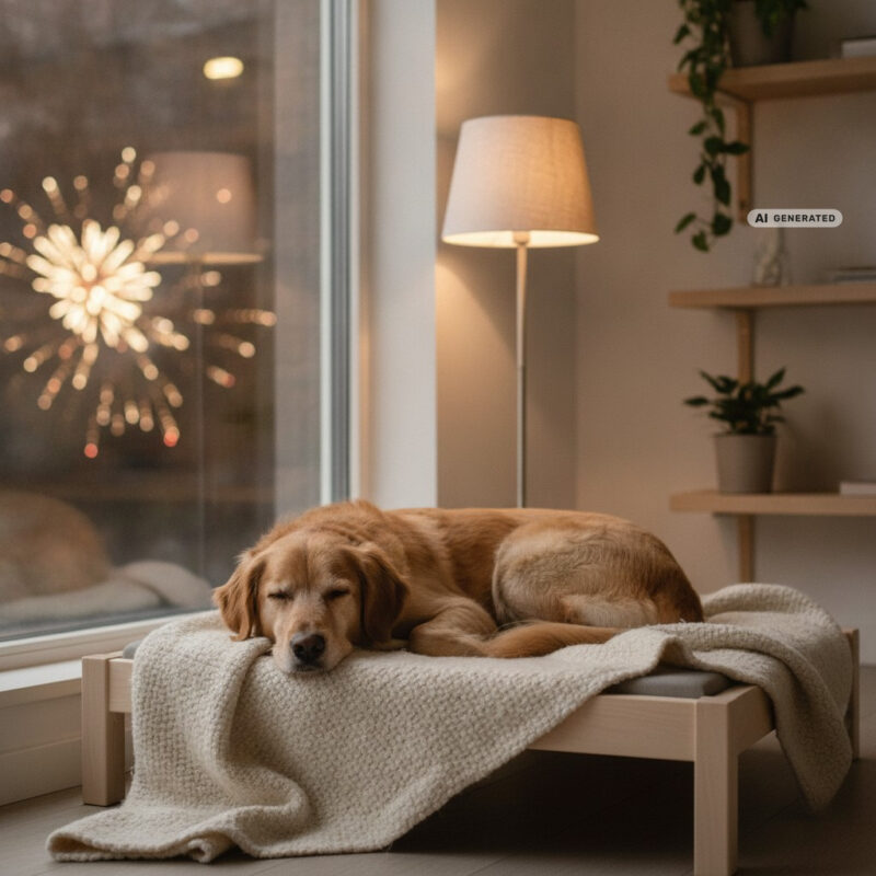 Dog resting on a blanket in a cosy den beside a window at night, with a soft glow of distant fireworks outside