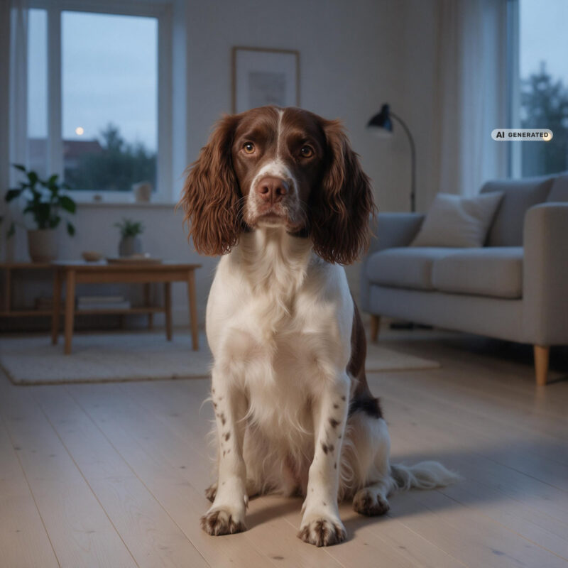 A springer spaniel with long floppy ears sitting on a wooden floor in a softly lit living room