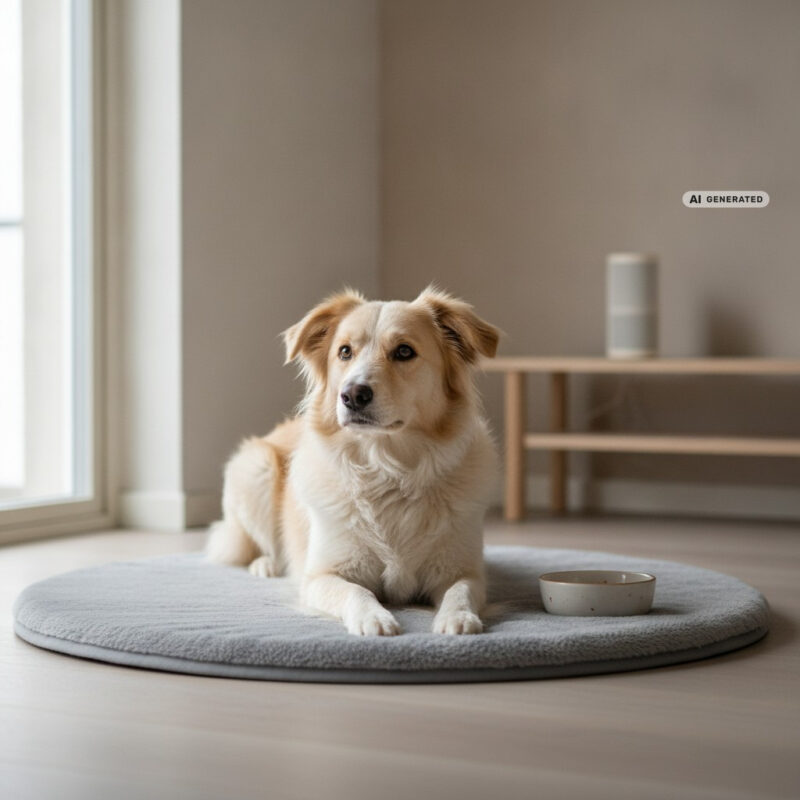 Relaxed dog lying on a mat beside a food bowl in a calm living room, with a small speaker on a shelf in the background