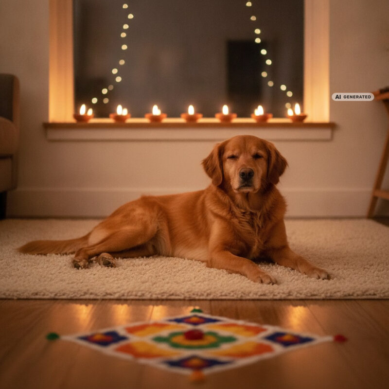 Dog resting on a rug in a living room at night, with lit clay diyas on the windowsill and a colourful rangoli pattern on the floor