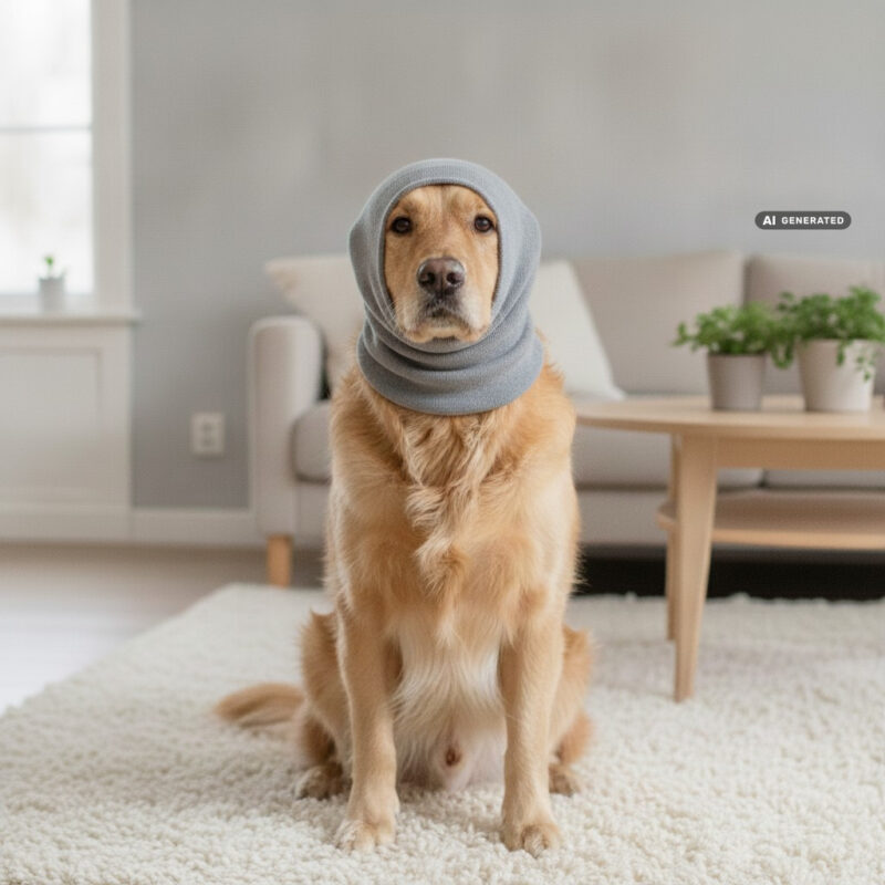 Dog sitting on a rug in a living room wearing a homemade knitted fabric tube over its head that holds its ears flat