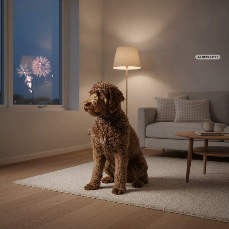 Curly-coated Lagotto Romagnolo sitting in a lamp-lit living room at dusk, looking towards a window with a faint glow of distant fireworks