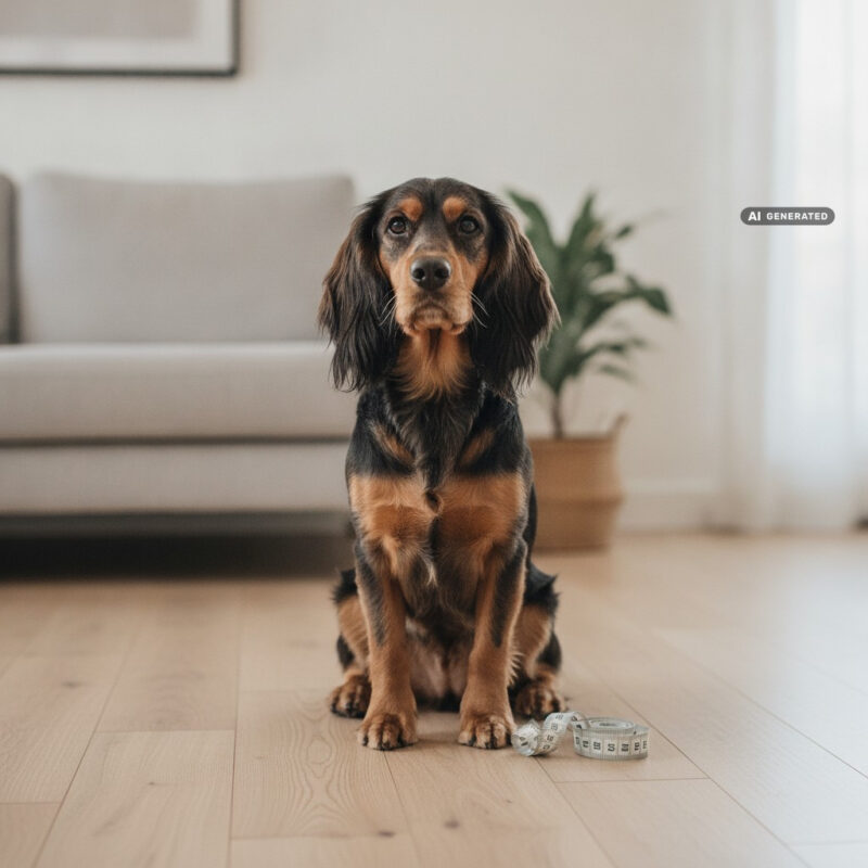 Black and tan spaniel-type dog with floppy ears sitting on a light wooden floor in a bright living room, a soft tape measure coiled beside its paws