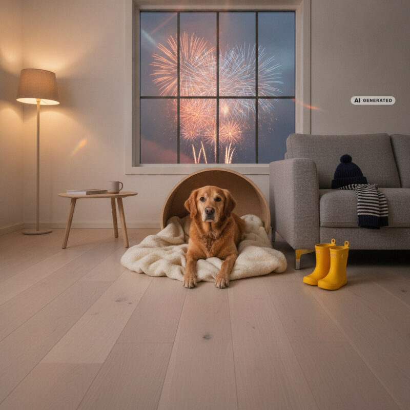 Dog resting on a blanket in a cosy living room at dusk, with a child's hat, scarf and wellies laid out by the sofa and fireworks visible through the window