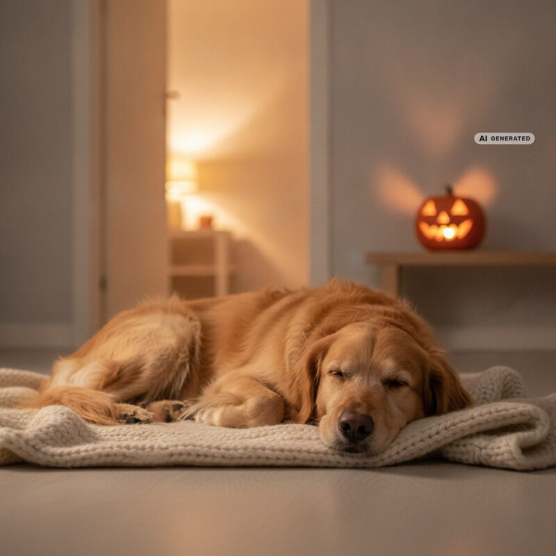 Dog resting on a blanket in a cosy den room at Halloween dusk, with a glowing carved pumpkin on a shelf nearby