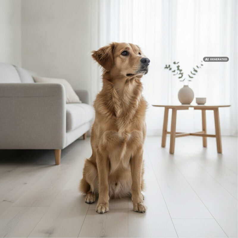 Alert dog sitting in the centre of a bright living room with ears pricked and head tilted, listening to a sound