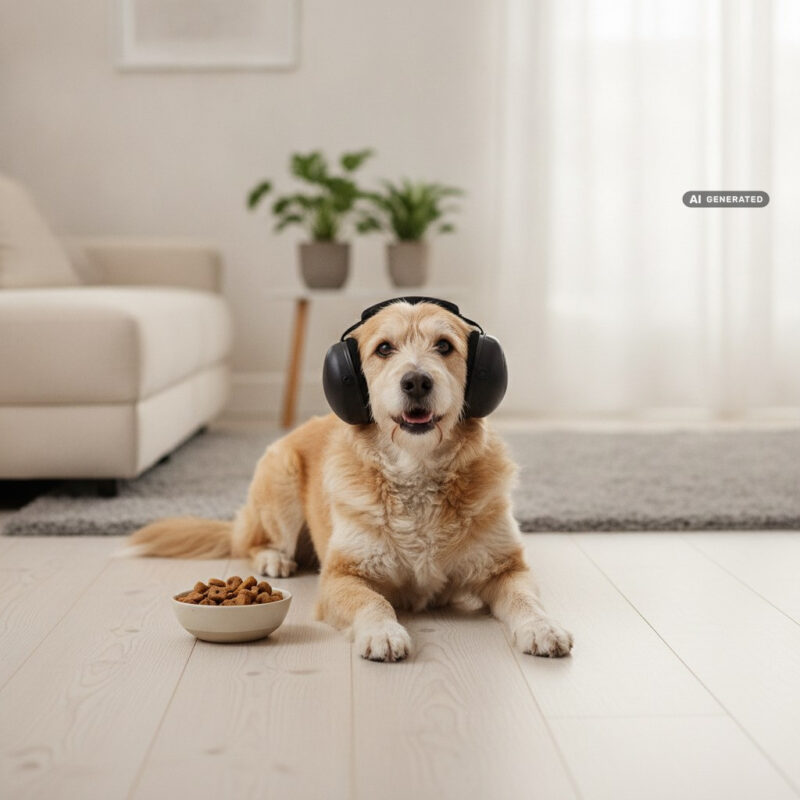 Relaxed mixed-breed dog lying on a wooden living room floor wearing ear muffs beside a bowl of treats