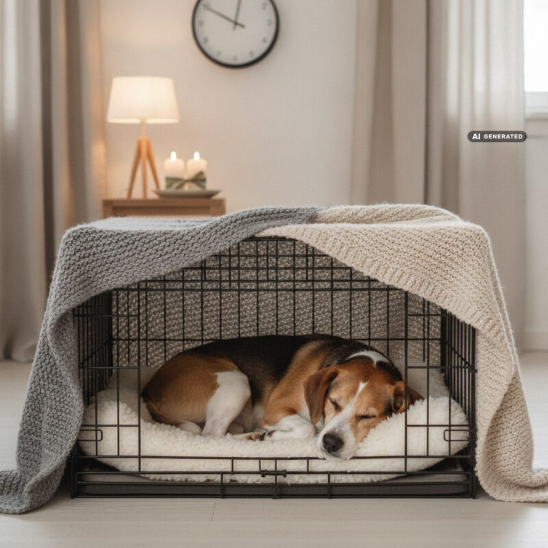 Dog asleep in a blanket-covered crate den in a lamp-lit living room late on New Year's Eve, with a clock near midnight in the background
