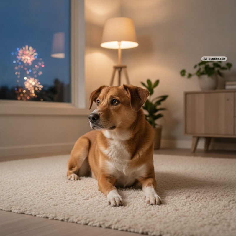 Medium-sized dog lying on a rug in a lamp-lit living room at dusk, ears slightly back, looking towards a window with a faint glow of distant fireworks
