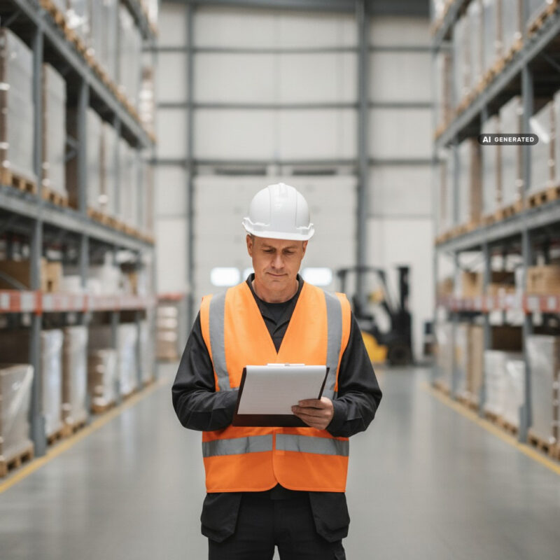 Warehouse team leader in a hi-vis vest and hard hat reviewing a clipboard checklist in a bright warehouse aisle