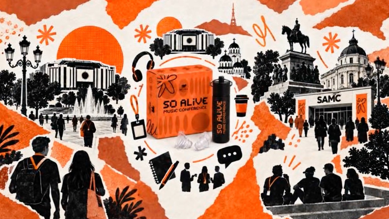 Illustrated Sofia collage with the National Palace of Culture, SAMC venue and the SoAlive Music Conference Bollsen earplug pack at the centre