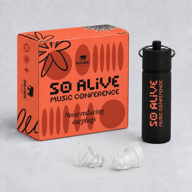 SoAlive Music Conference co-branded Bollsen SoundPRO earplugs: orange box and black keychain tube