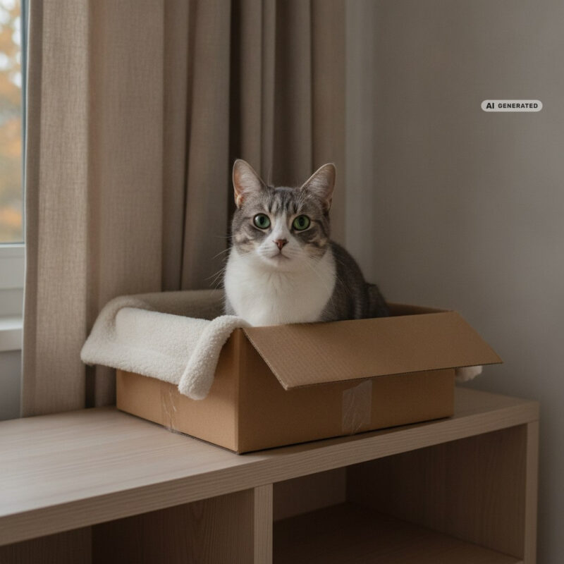A grey-and-white tabby cat sitting in a blanket-lined box on a shelf in a softly lit living room