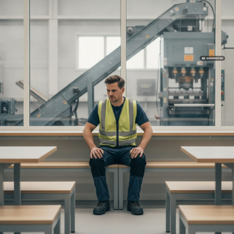 A factory worker in a hi-vis vest sitting on a bench in a bright break area beside the factory floor, with machinery behind a glass partition